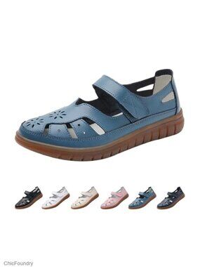 Women's Leather Closed Toe Mary Jane Flat Sandals Orthopedic Non-Slip